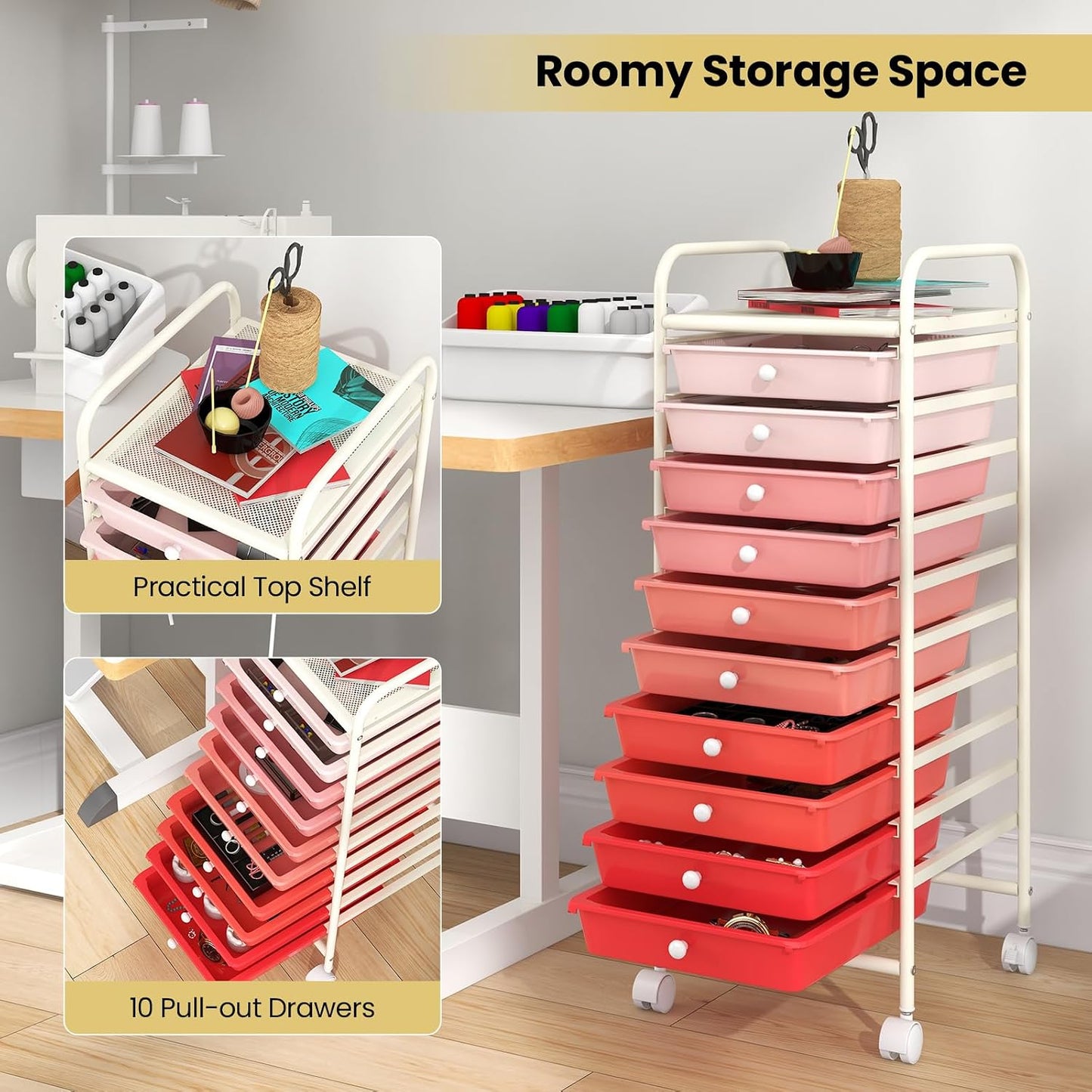 10-Drawer Rolling Storage Cart, Utility Mobile Trolley | Removable Drawers & Universal Casters & 2 Brakes, Versatile Flexible Drawer Organizer Cart for Home, Office (Yellow)