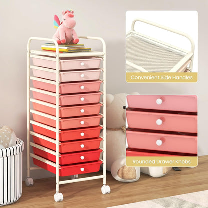 10-Drawer Rolling Storage Cart, Utility Mobile Trolley | Removable Drawers & Universal Casters & 2 Brakes, Versatile Flexible Drawer Organizer Cart for Home, Office (Yellow)