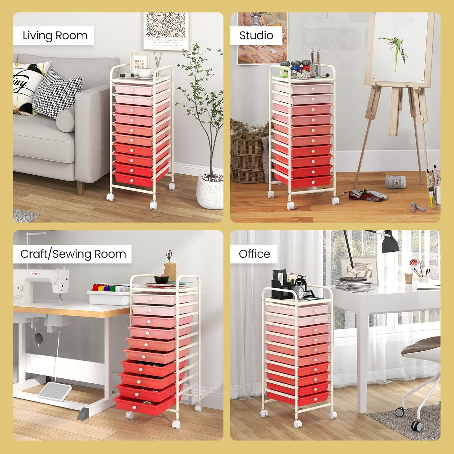 10-Drawer Rolling Storage Cart, Utility Mobile Trolley | Removable Drawers & Universal Casters & 2 Brakes, Versatile Flexible Drawer Organizer Cart for Home, Office (Yellow)
