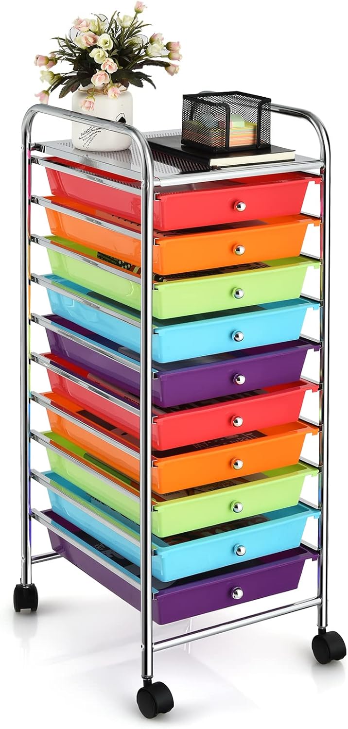 10-Drawer Rolling Storage Cart, Utility Mobile Trolley | Removable Drawers & Universal Casters & 2 Brakes, Versatile Flexible Drawer Organizer Cart for Home, Office (Yellow)