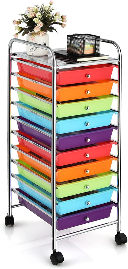 10-Drawer Rolling Storage Cart, Utility Mobile Trolley | Removable Drawers & Universal Casters & 2 Brakes, Versatile Flexible Drawer Organizer Cart for Home, Office (Yellow)