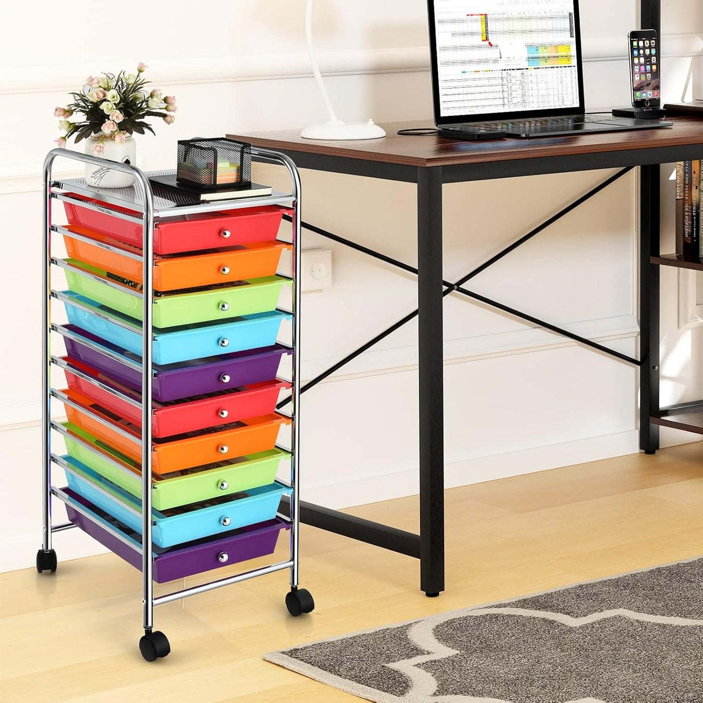10-Drawer Rolling Storage Cart, Utility Mobile Trolley | Removable Drawers & Universal Casters & 2 Brakes, Versatile Flexible Drawer Organizer Cart for Home, Office (Yellow)
