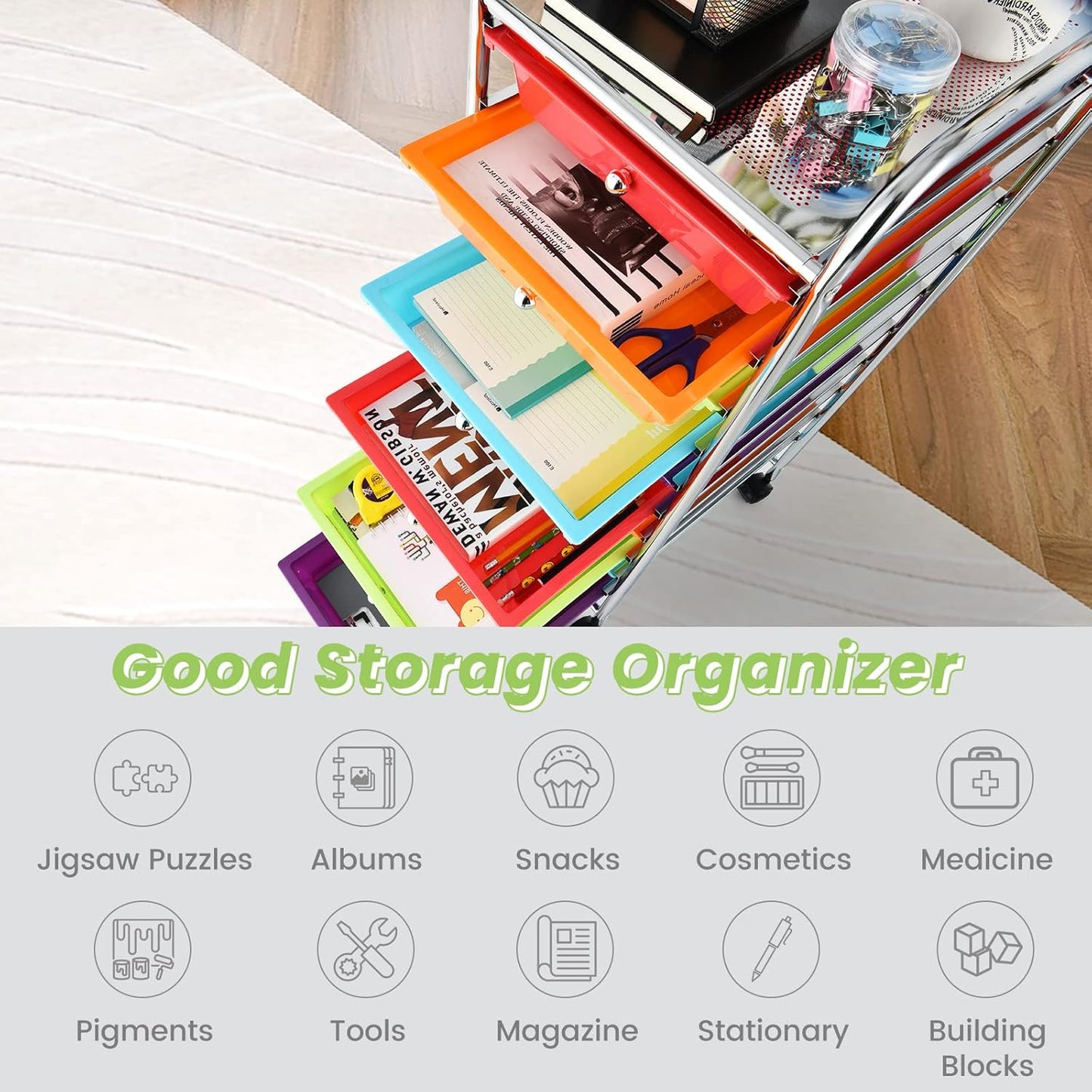 10-Drawer Rolling Storage Cart, Utility Mobile Trolley | Removable Drawers & Universal Casters & 2 Brakes, Versatile Flexible Drawer Organizer Cart for Home, Office (Yellow)