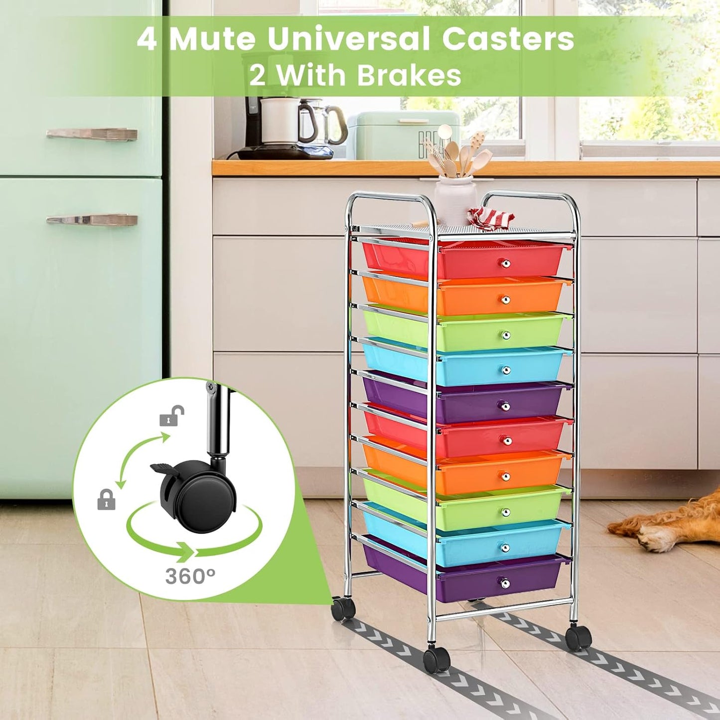 10-Drawer Rolling Storage Cart, Utility Mobile Trolley | Removable Drawers & Universal Casters & 2 Brakes, Versatile Flexible Drawer Organizer Cart for Home, Office (Yellow)