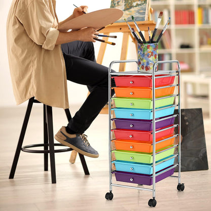 10-Drawer Rolling Storage Cart, Utility Mobile Trolley | Removable Drawers & Universal Casters & 2 Brakes, Versatile Flexible Drawer Organizer Cart for Home, Office (Yellow)