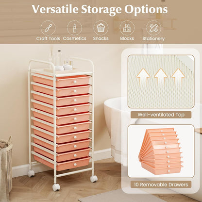 10-Drawer Rolling Storage Cart, Utility Mobile Trolley | Removable Drawers & Universal Casters & 2 Brakes, Versatile Flexible Drawer Organizer Cart for Home, Office (Yellow)