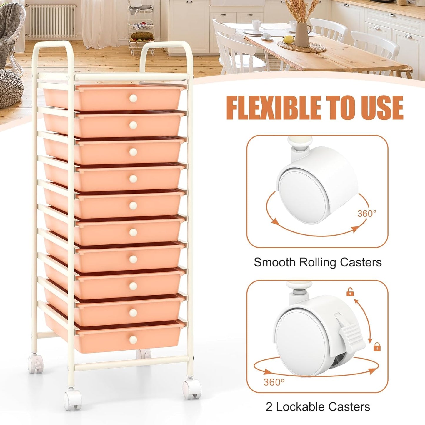 10-Drawer Rolling Storage Cart, Utility Mobile Trolley | Removable Drawers & Universal Casters & 2 Brakes, Versatile Flexible Drawer Organizer Cart for Home, Office (Yellow)