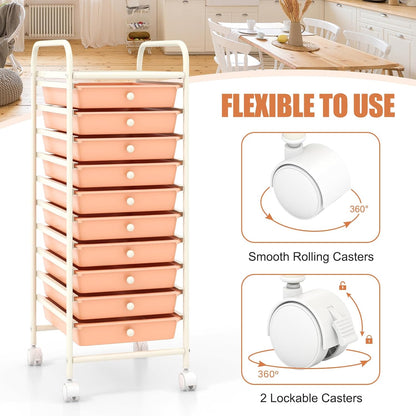 10-Drawer Rolling Storage Cart, Utility Mobile Trolley | Removable Drawers & Universal Casters & 2 Brakes, Versatile Flexible Drawer Organizer Cart for Home, Office (Yellow)
