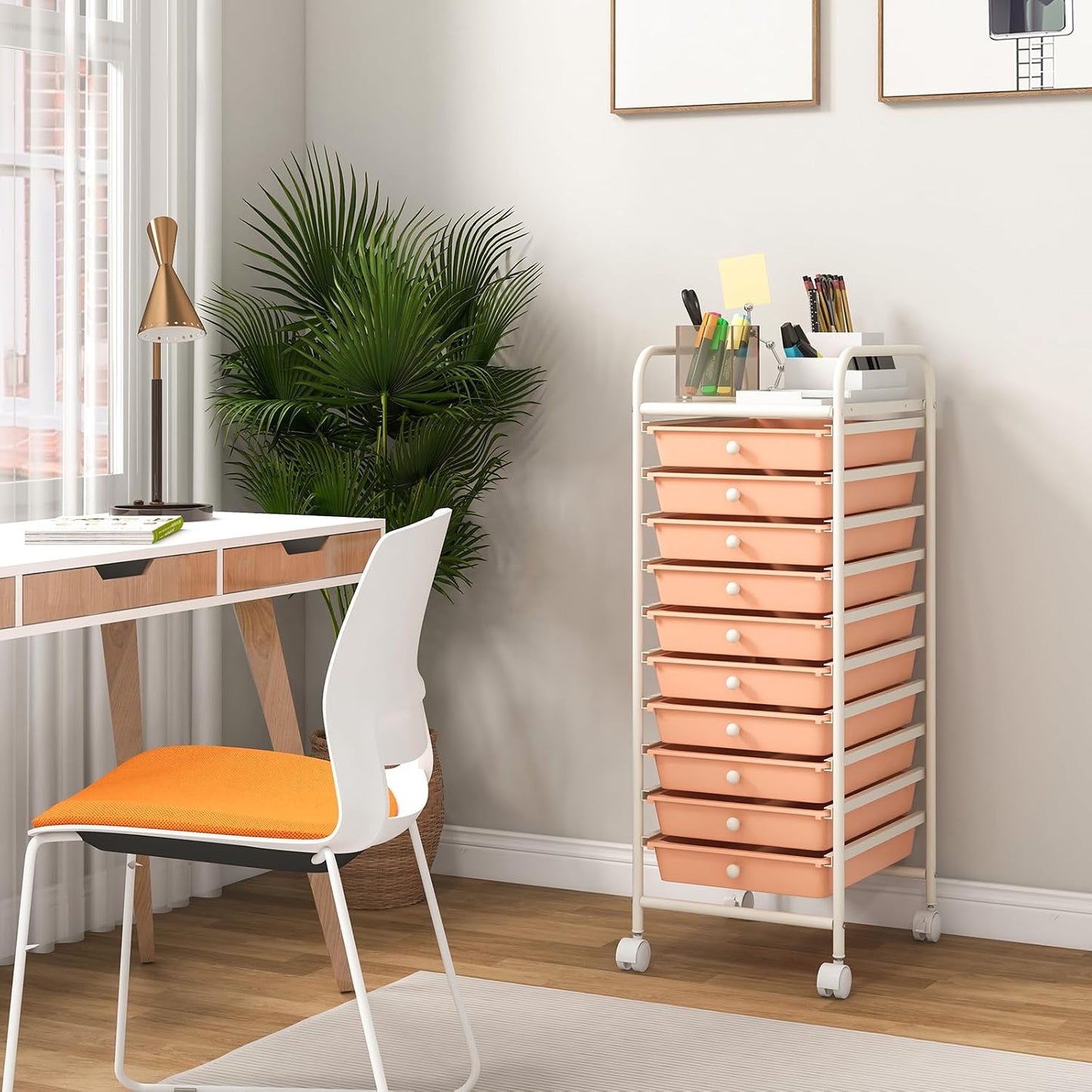 10-Drawer Rolling Storage Cart, Utility Mobile Trolley | Removable Drawers & Universal Casters & 2 Brakes, Versatile Flexible Drawer Organizer Cart for Home, Office (Yellow)