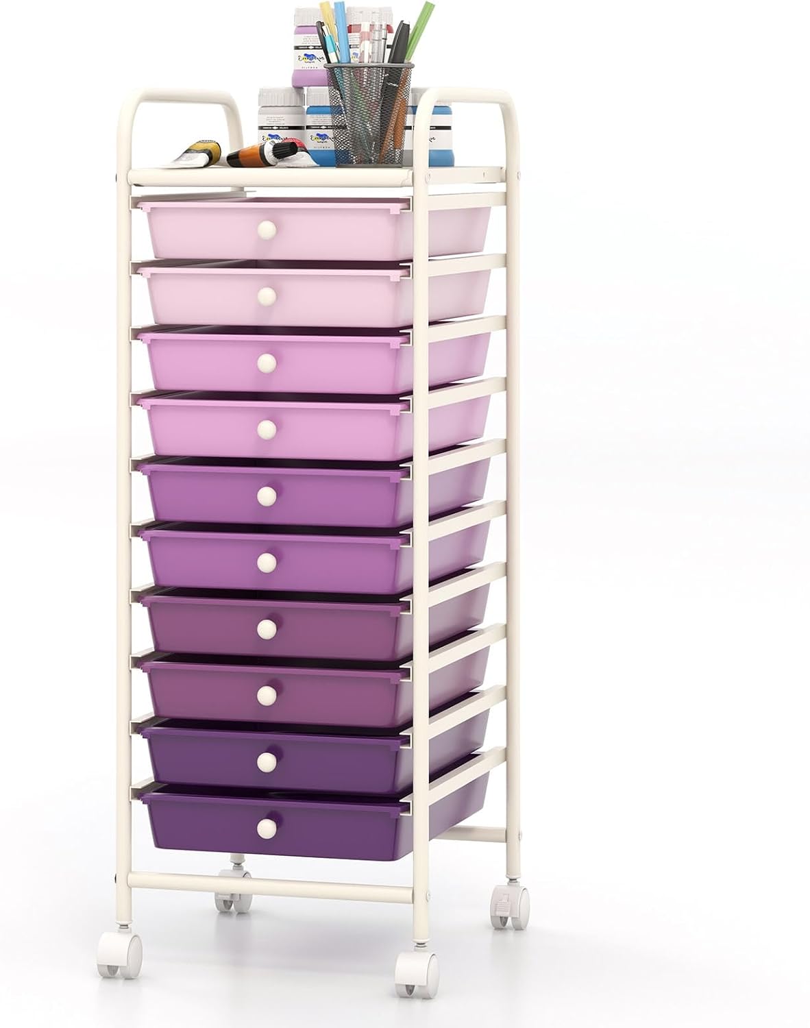10-Drawer Rolling Storage Cart, Utility Mobile Trolley | Removable Drawers & Universal Casters & 2 Brakes, Versatile Flexible Drawer Organizer Cart for Home, Office (Yellow)