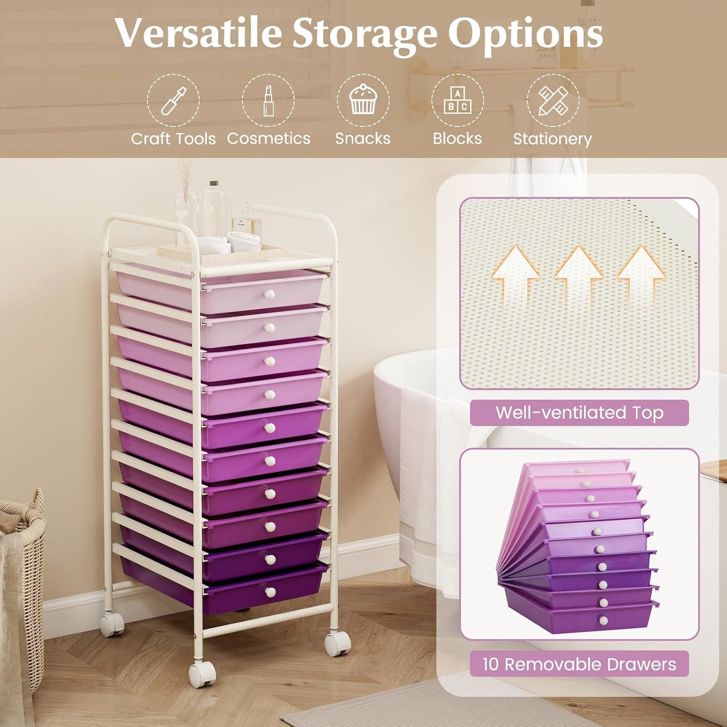 10-Drawer Rolling Storage Cart, Utility Mobile Trolley | Removable Drawers & Universal Casters & 2 Brakes, Versatile Flexible Drawer Organizer Cart for Home, Office (Yellow)