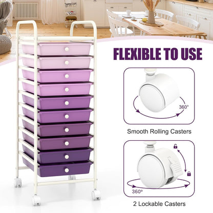 10-Drawer Rolling Storage Cart, Utility Mobile Trolley | Removable Drawers & Universal Casters & 2 Brakes, Versatile Flexible Drawer Organizer Cart for Home, Office (Yellow)