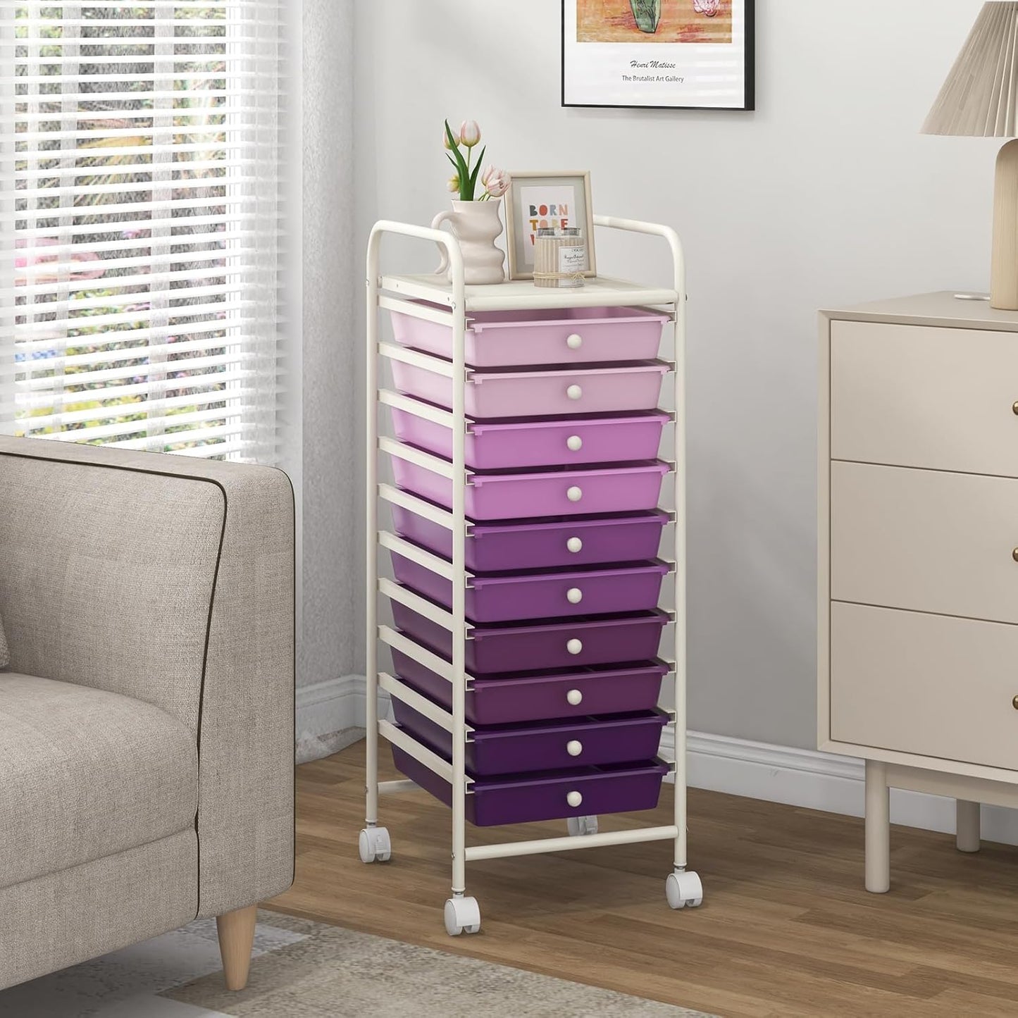 10-Drawer Rolling Storage Cart, Utility Mobile Trolley | Removable Drawers & Universal Casters & 2 Brakes, Versatile Flexible Drawer Organizer Cart for Home, Office (Yellow)