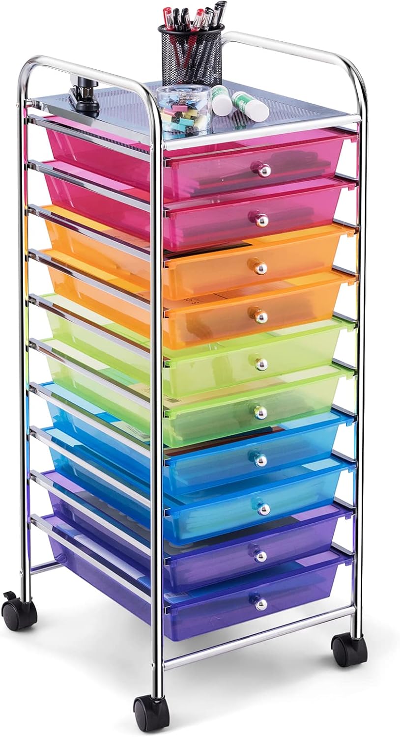 10-Drawer Rolling Storage Cart, Utility Mobile Trolley | Removable Drawers & Universal Casters & 2 Brakes, Versatile Flexible Drawer Organizer Cart for Home, Office (Yellow)