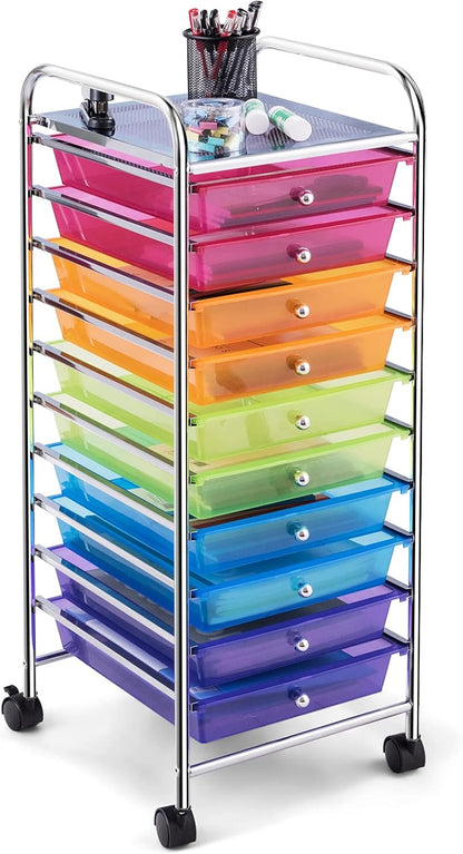 10-Drawer Rolling Storage Cart, Utility Mobile Trolley | Removable Drawers & Universal Casters & 2 Brakes, Versatile Flexible Drawer Organizer Cart for Home, Office (Yellow)