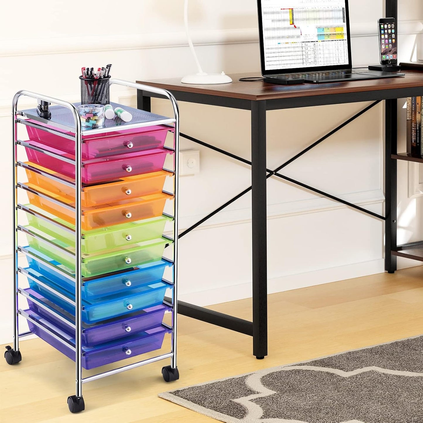 10-Drawer Rolling Storage Cart, Utility Mobile Trolley | Removable Drawers & Universal Casters & 2 Brakes, Versatile Flexible Drawer Organizer Cart for Home, Office (Yellow)