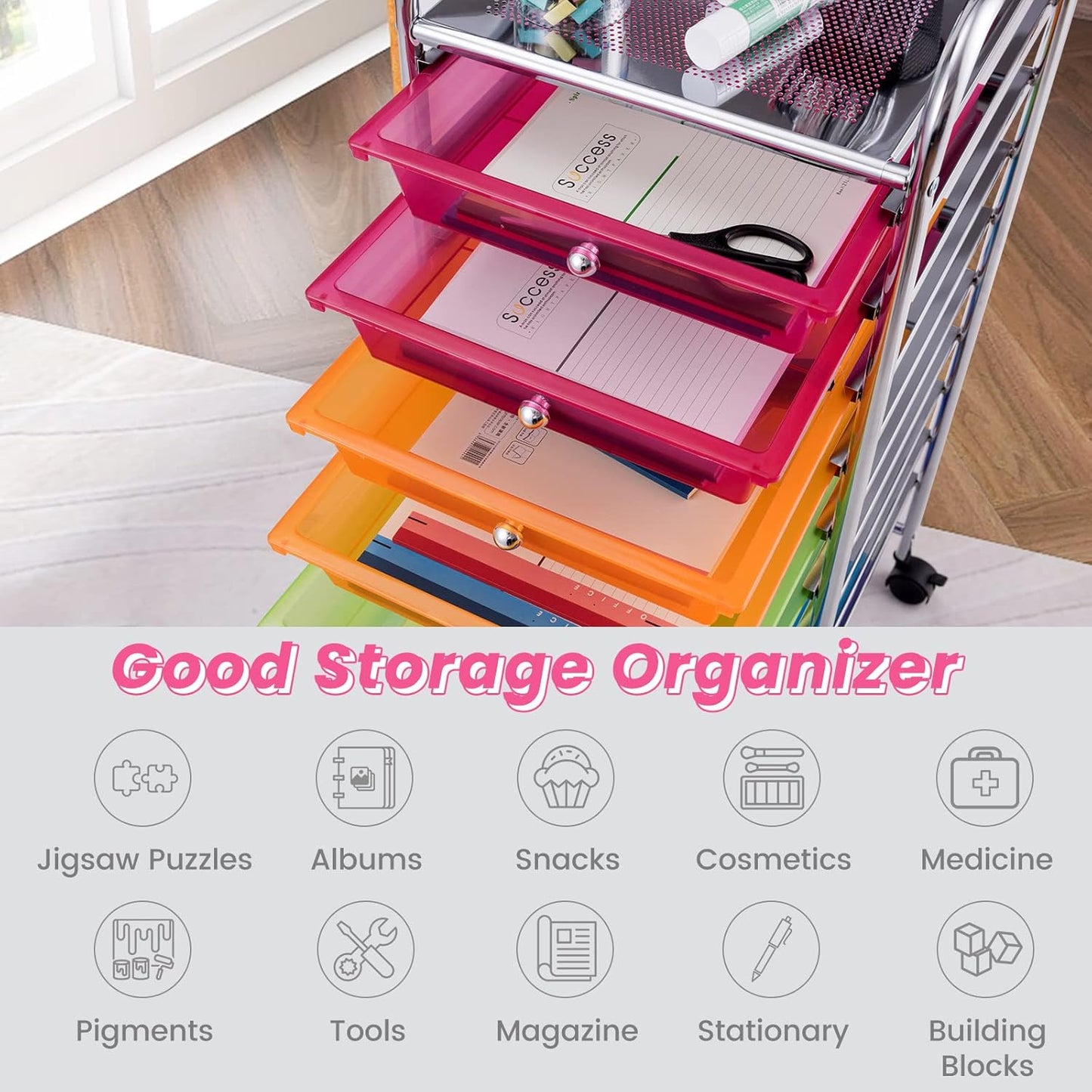 10-Drawer Rolling Storage Cart, Utility Mobile Trolley | Removable Drawers & Universal Casters & 2 Brakes, Versatile Flexible Drawer Organizer Cart for Home, Office (Yellow)