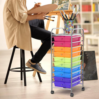 10-Drawer Rolling Storage Cart, Utility Mobile Trolley | Removable Drawers & Universal Casters & 2 Brakes, Versatile Flexible Drawer Organizer Cart for Home, Office (Yellow)