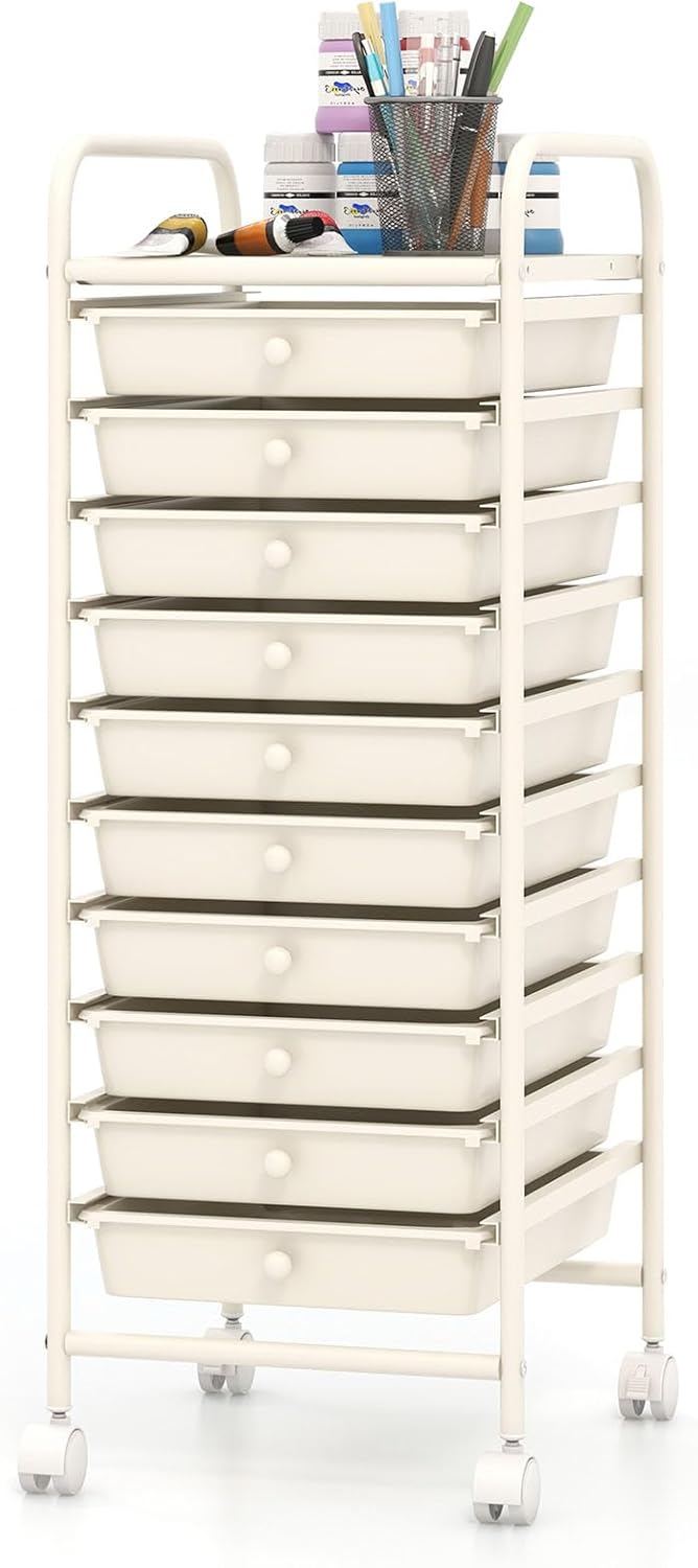 10-Drawer Rolling Storage Cart, Utility Mobile Trolley | Removable Drawers & Universal Casters & 2 Brakes, Versatile Flexible Drawer Organizer Cart for Home, Office (Yellow)