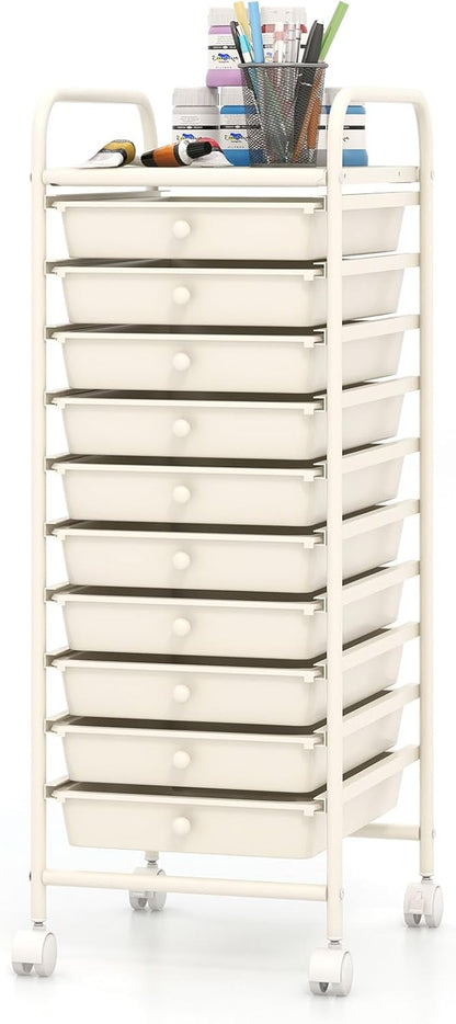 10-Drawer Rolling Storage Cart, Utility Mobile Trolley | Removable Drawers & Universal Casters & 2 Brakes, Versatile Flexible Drawer Organizer Cart for Home, Office (Yellow)