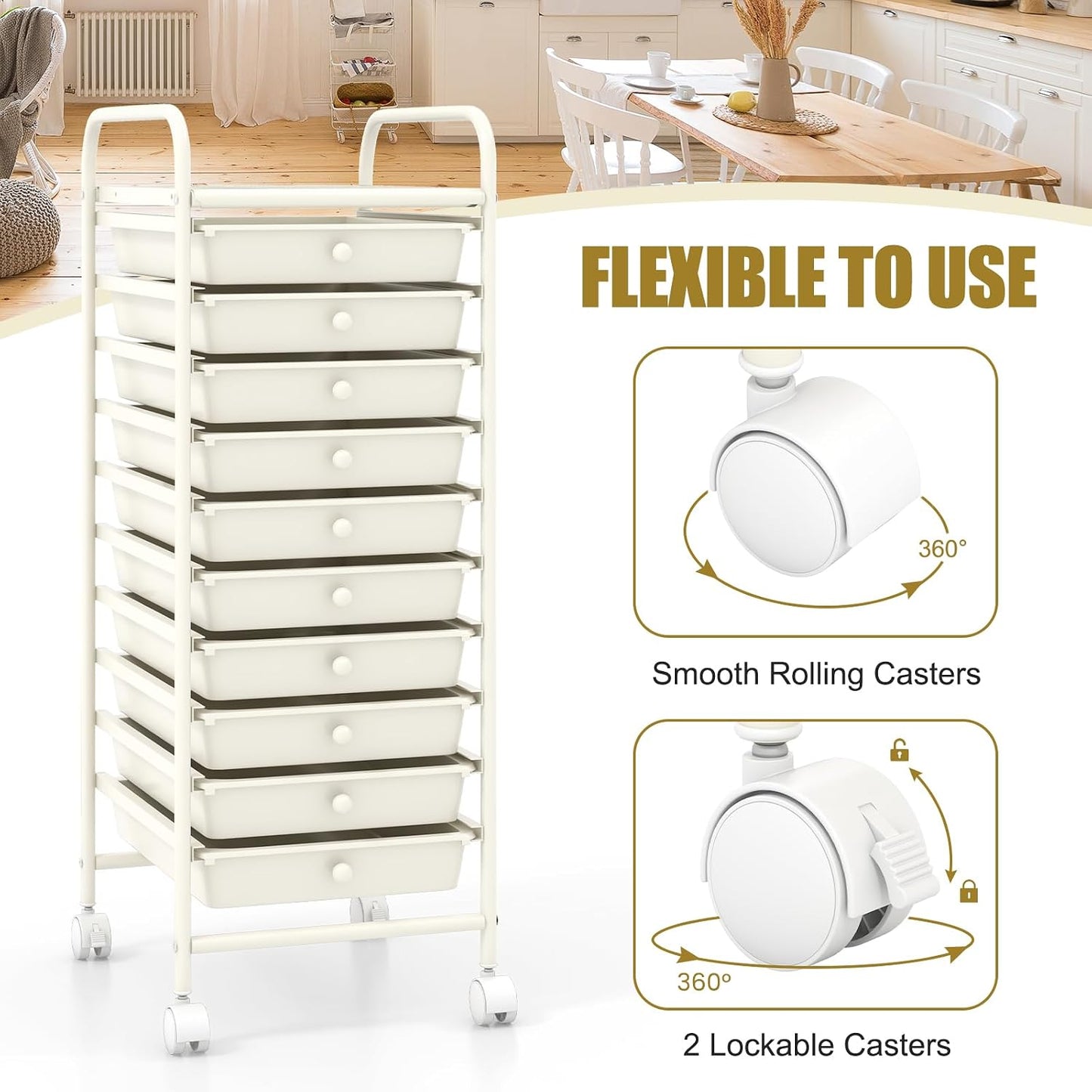 10-Drawer Rolling Storage Cart, Utility Mobile Trolley | Removable Drawers & Universal Casters & 2 Brakes, Versatile Flexible Drawer Organizer Cart for Home, Office (Yellow)