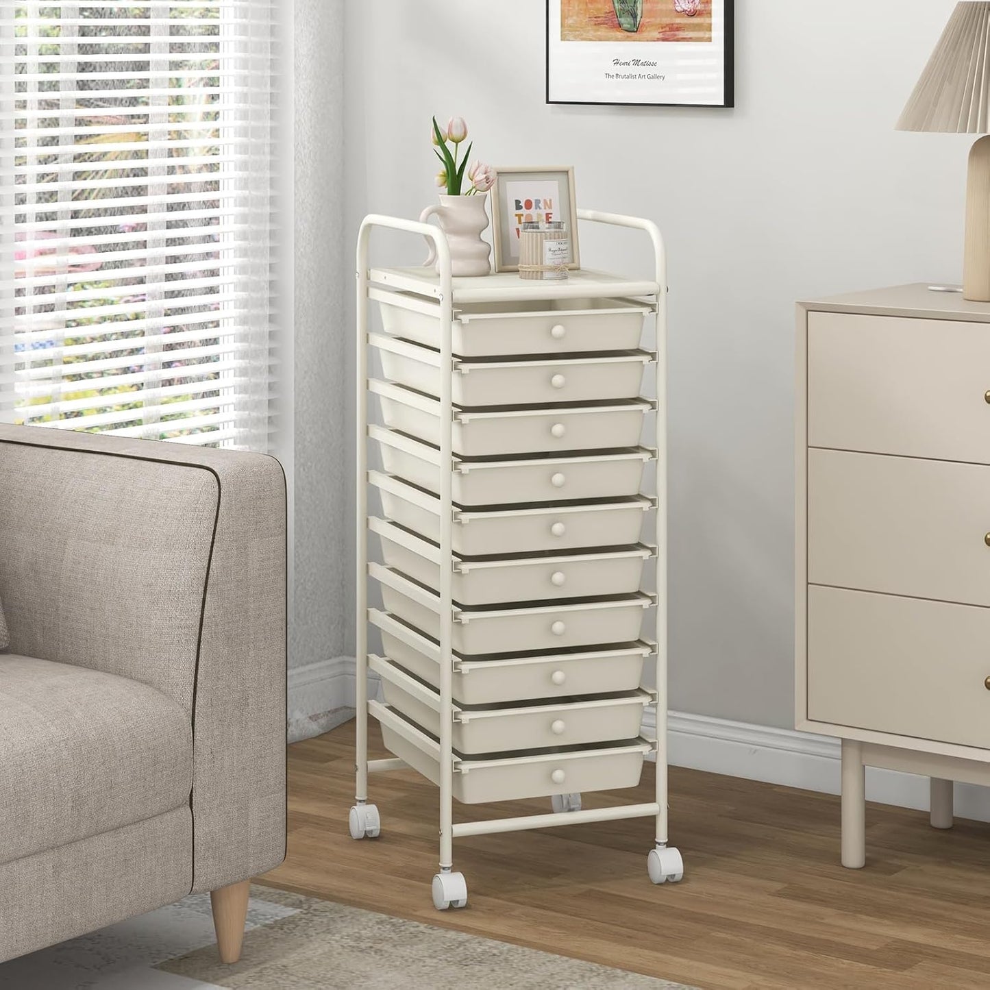 10-Drawer Rolling Storage Cart, Utility Mobile Trolley | Removable Drawers & Universal Casters & 2 Brakes, Versatile Flexible Drawer Organizer Cart for Home, Office (Yellow)