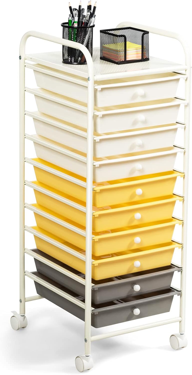10-Drawer Rolling Storage Cart, Utility Mobile Trolley | Removable Drawers & Universal Casters & 2 Brakes, Versatile Flexible Drawer Organizer Cart for Home, Office (Yellow)