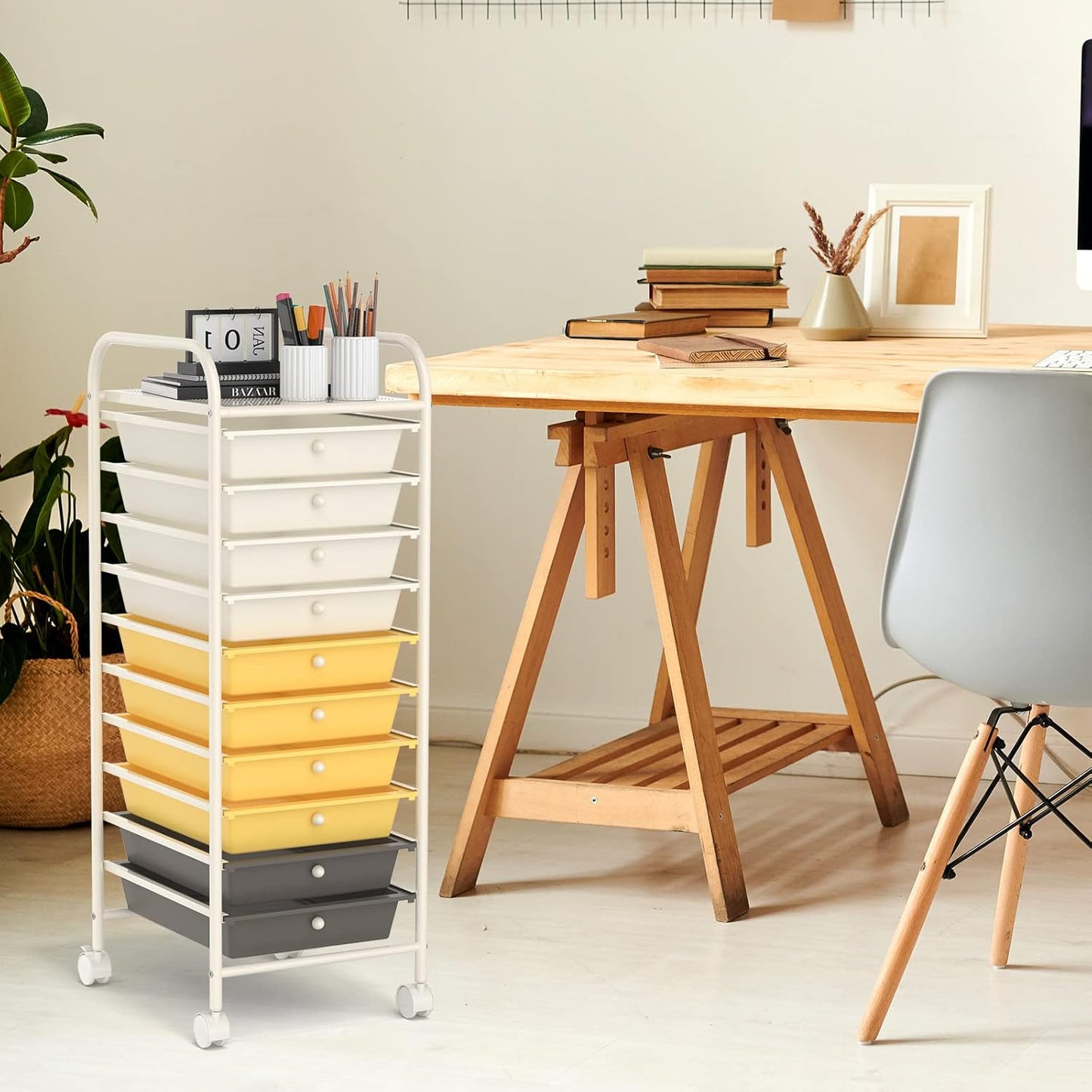 10-Drawer Rolling Storage Cart, Utility Mobile Trolley | Removable Drawers & Universal Casters & 2 Brakes, Versatile Flexible Drawer Organizer Cart for Home, Office (Yellow)