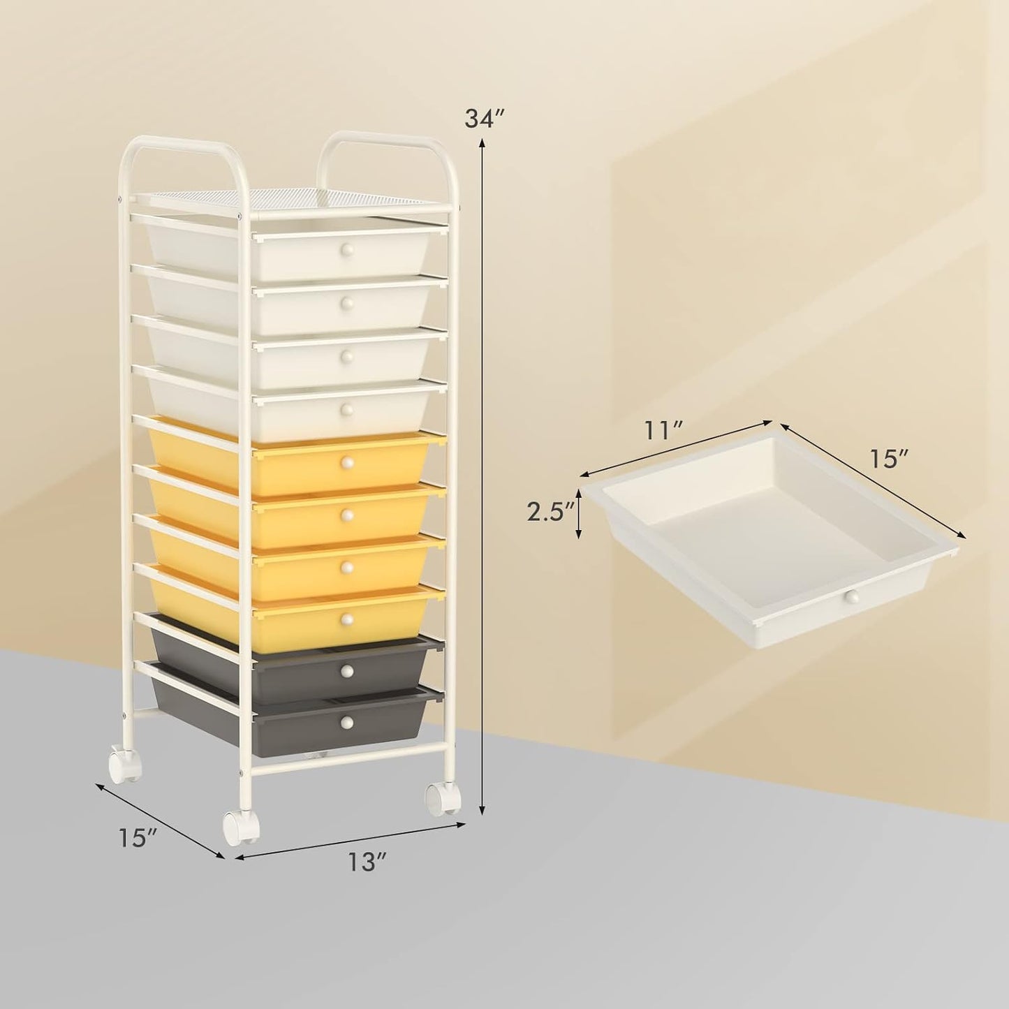 10-Drawer Rolling Storage Cart, Utility Mobile Trolley | Removable Drawers & Universal Casters & 2 Brakes, Versatile Flexible Drawer Organizer Cart for Home, Office (Yellow)