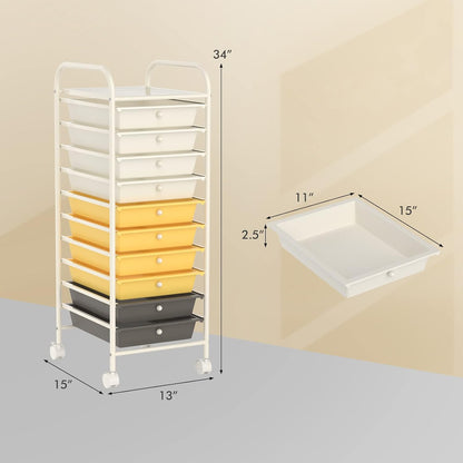 10-Drawer Rolling Storage Cart, Utility Mobile Trolley | Removable Drawers & Universal Casters & 2 Brakes, Versatile Flexible Drawer Organizer Cart for Home, Office (Yellow)