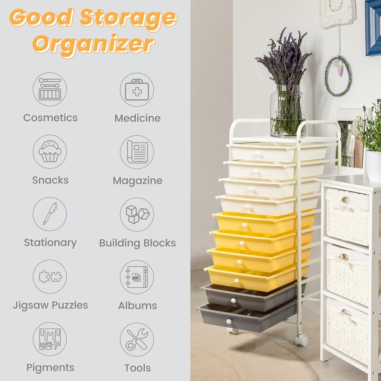 10-Drawer Rolling Storage Cart, Utility Mobile Trolley | Removable Drawers & Universal Casters & 2 Brakes, Versatile Flexible Drawer Organizer Cart for Home, Office (Yellow)
