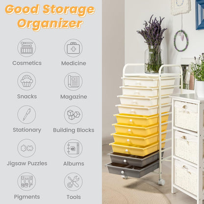 10-Drawer Rolling Storage Cart, Utility Mobile Trolley | Removable Drawers & Universal Casters & 2 Brakes, Versatile Flexible Drawer Organizer Cart for Home, Office (Yellow)