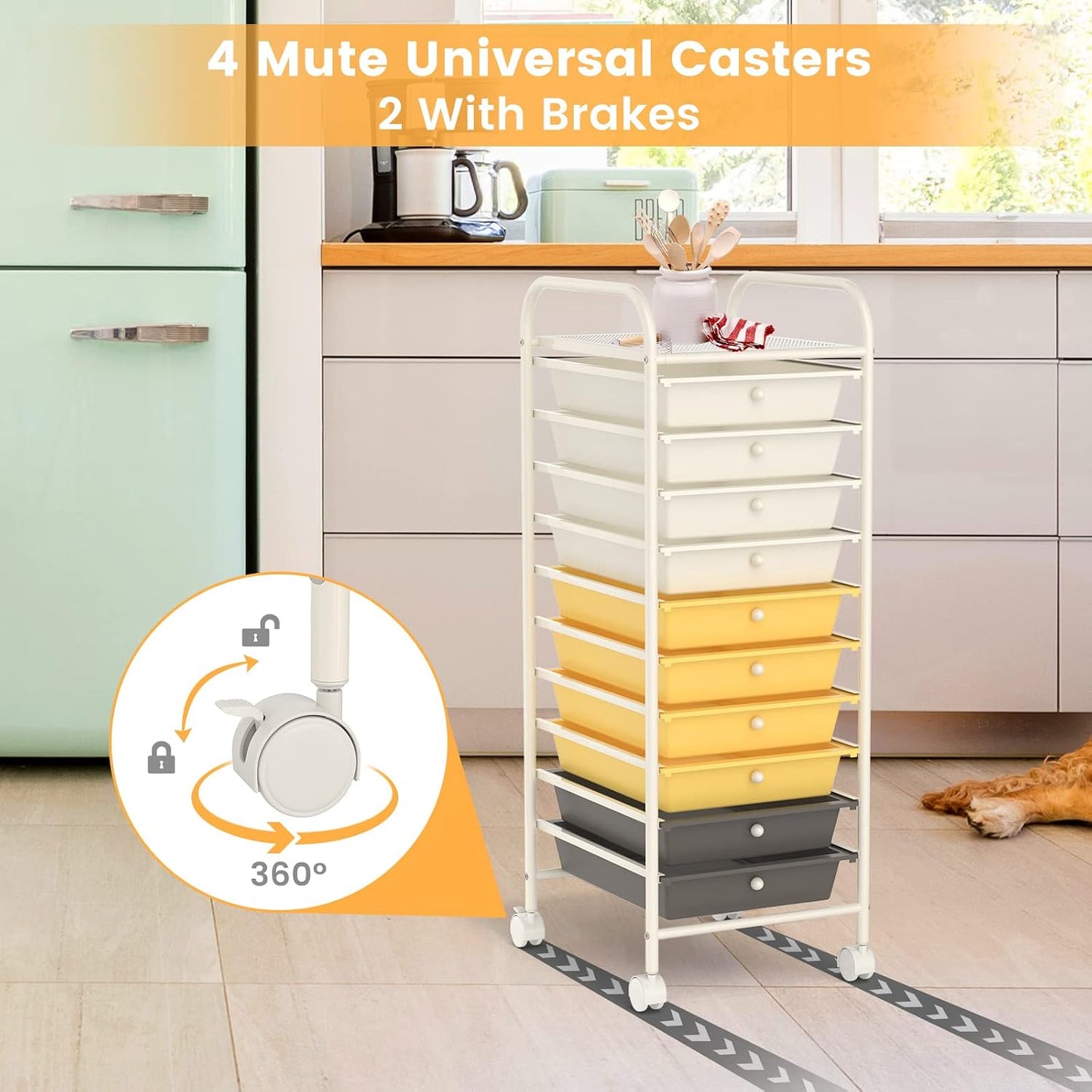 10-Drawer Rolling Storage Cart, Utility Mobile Trolley | Removable Drawers & Universal Casters & 2 Brakes, Versatile Flexible Drawer Organizer Cart for Home, Office (Yellow)