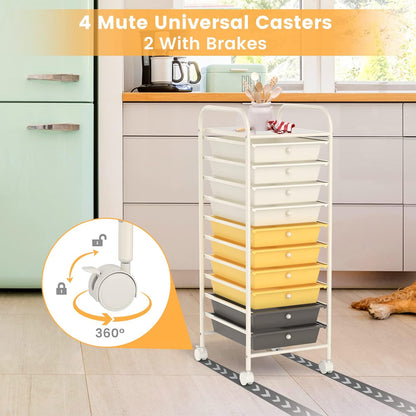 10-Drawer Rolling Storage Cart, Utility Mobile Trolley | Removable Drawers & Universal Casters & 2 Brakes, Versatile Flexible Drawer Organizer Cart for Home, Office (Yellow)
