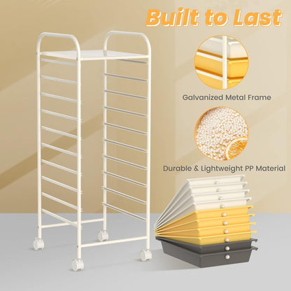 10-Drawer Rolling Storage Cart, Utility Mobile Trolley | Removable Drawers & Universal Casters & 2 Brakes, Versatile Flexible Drawer Organizer Cart for Home, Office (Yellow)