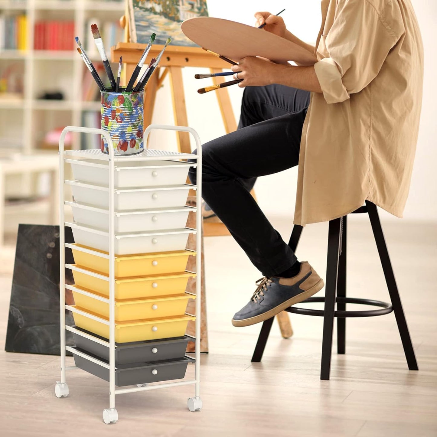 10-Drawer Rolling Storage Cart, Utility Mobile Trolley | Removable Drawers & Universal Casters & 2 Brakes, Versatile Flexible Drawer Organizer Cart for Home, Office (Yellow)