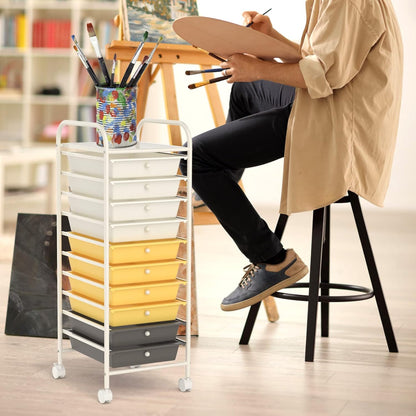 10-Drawer Rolling Storage Cart, Utility Mobile Trolley | Removable Drawers & Universal Casters & 2 Brakes, Versatile Flexible Drawer Organizer Cart for Home, Office (Yellow)
