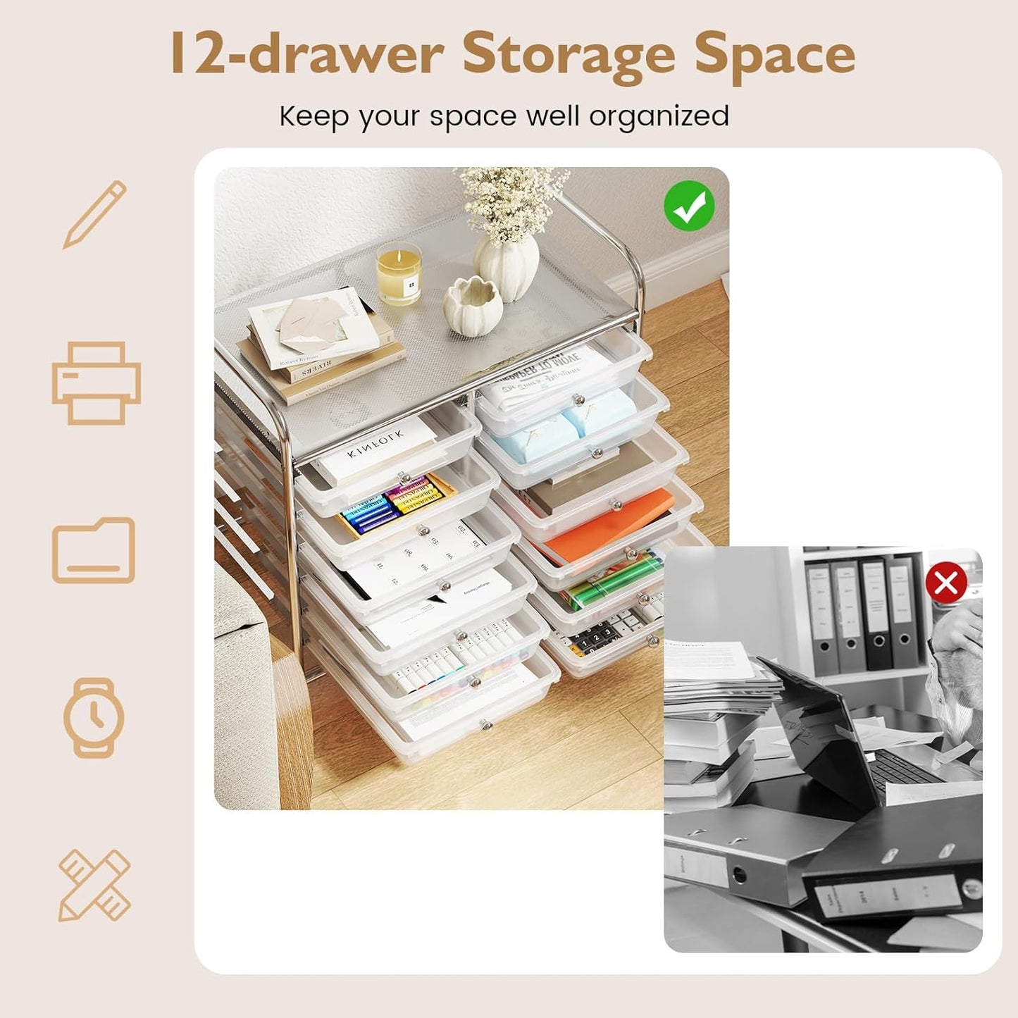 10-Drawer Rolling Storage Cart, Utility Mobile Trolley | Removable Drawers & Universal Casters & 2 Brakes, Versatile Flexible Drawer Organizer Cart for Home, Office (Yellow)
