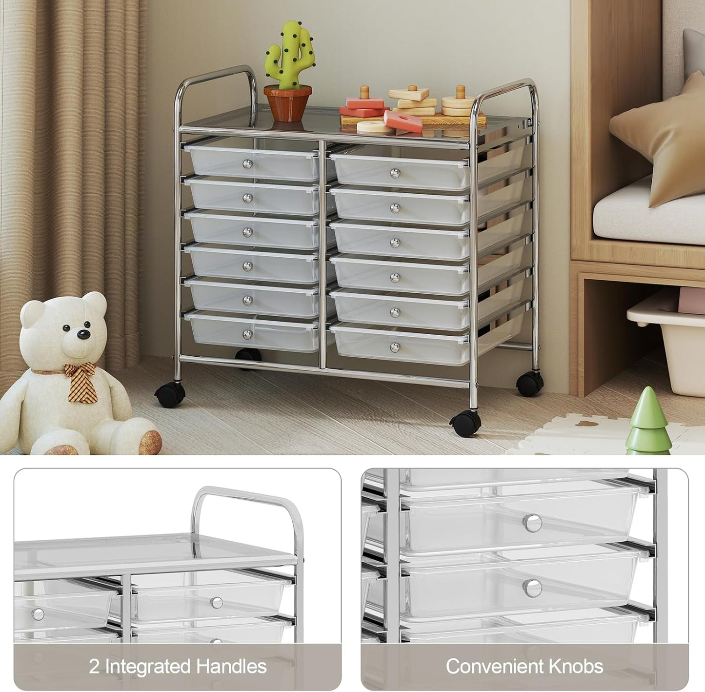 10-Drawer Rolling Storage Cart, Utility Mobile Trolley | Removable Drawers & Universal Casters & 2 Brakes, Versatile Flexible Drawer Organizer Cart for Home, Office (Yellow)