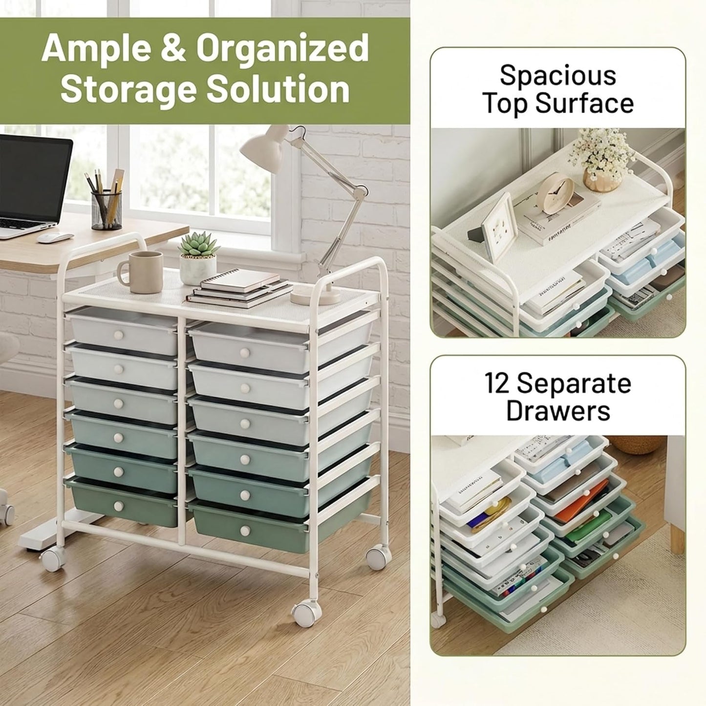 10-Drawer Rolling Storage Cart, Utility Mobile Trolley | Removable Drawers & Universal Casters & 2 Brakes, Versatile Flexible Drawer Organizer Cart for Home, Office (Yellow)
