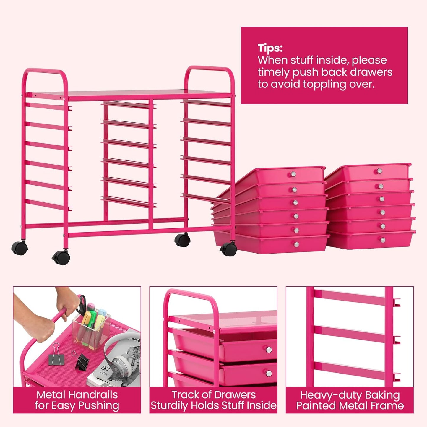 10-Drawer Rolling Storage Cart, Utility Mobile Trolley | Removable Drawers & Universal Casters & 2 Brakes, Versatile Flexible Drawer Organizer Cart for Home, Office (Yellow)