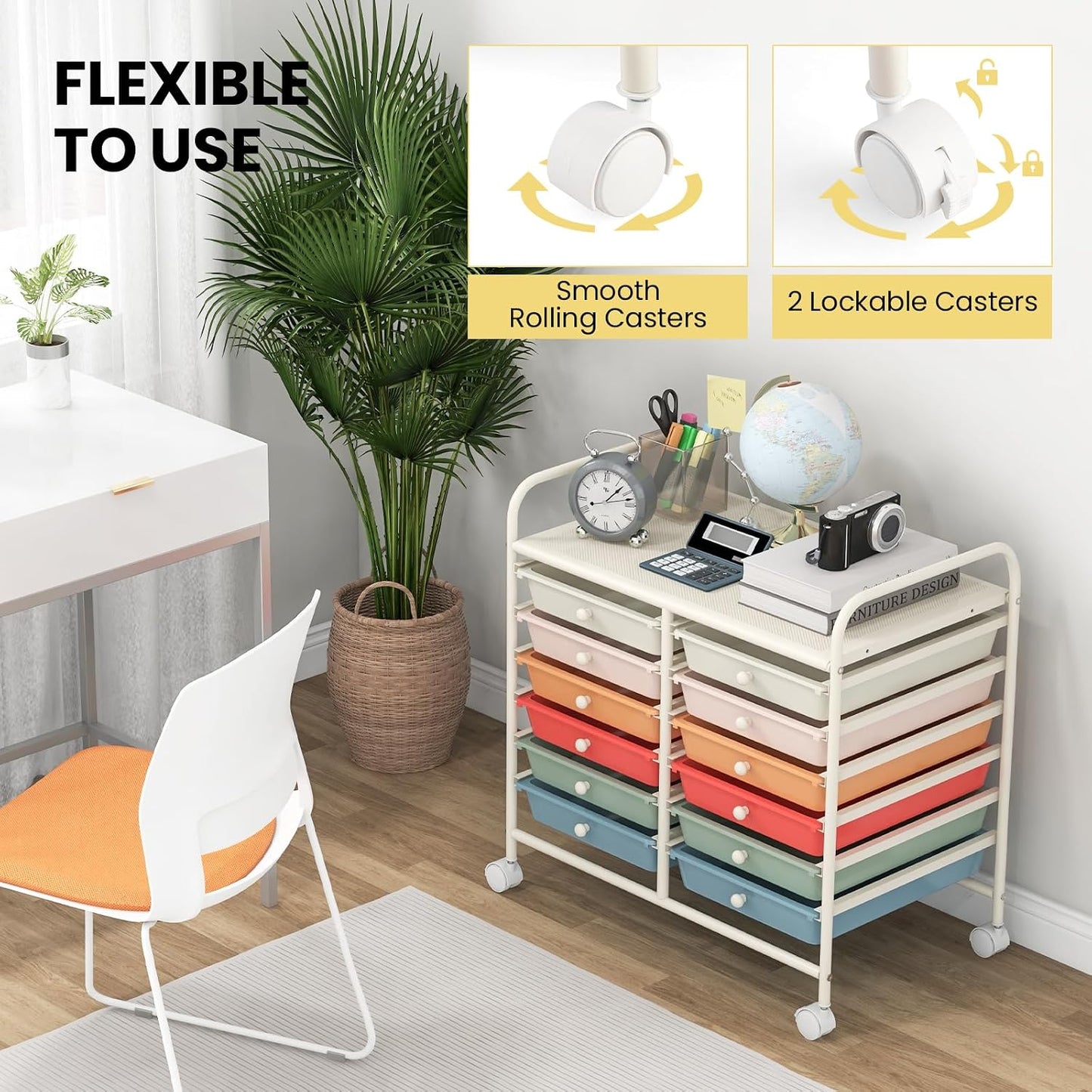10-Drawer Rolling Storage Cart, Utility Mobile Trolley | Removable Drawers & Universal Casters & 2 Brakes, Versatile Flexible Drawer Organizer Cart for Home, Office (Yellow)