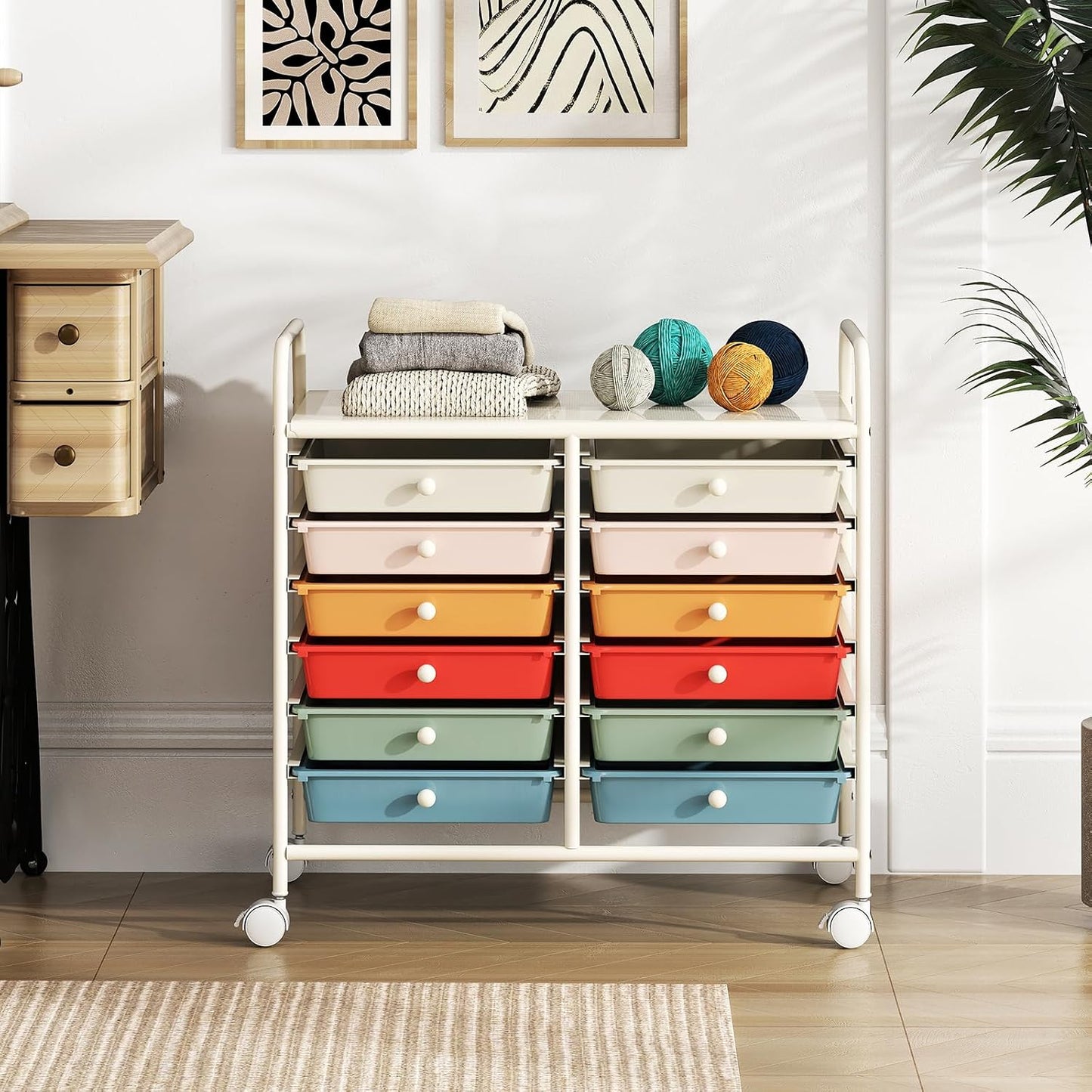 10-Drawer Rolling Storage Cart, Utility Mobile Trolley | Removable Drawers & Universal Casters & 2 Brakes, Versatile Flexible Drawer Organizer Cart for Home, Office (Yellow)