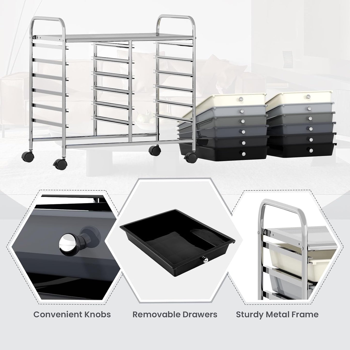 10-Drawer Rolling Storage Cart, Utility Mobile Trolley | Removable Drawers & Universal Casters & 2 Brakes, Versatile Flexible Drawer Organizer Cart for Home, Office (Yellow)