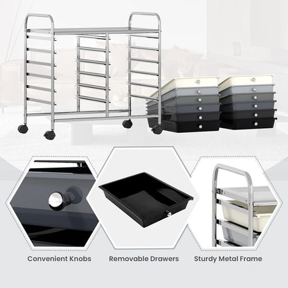 10-Drawer Rolling Storage Cart, Utility Mobile Trolley | Removable Drawers & Universal Casters & 2 Brakes, Versatile Flexible Drawer Organizer Cart for Home, Office (Yellow)