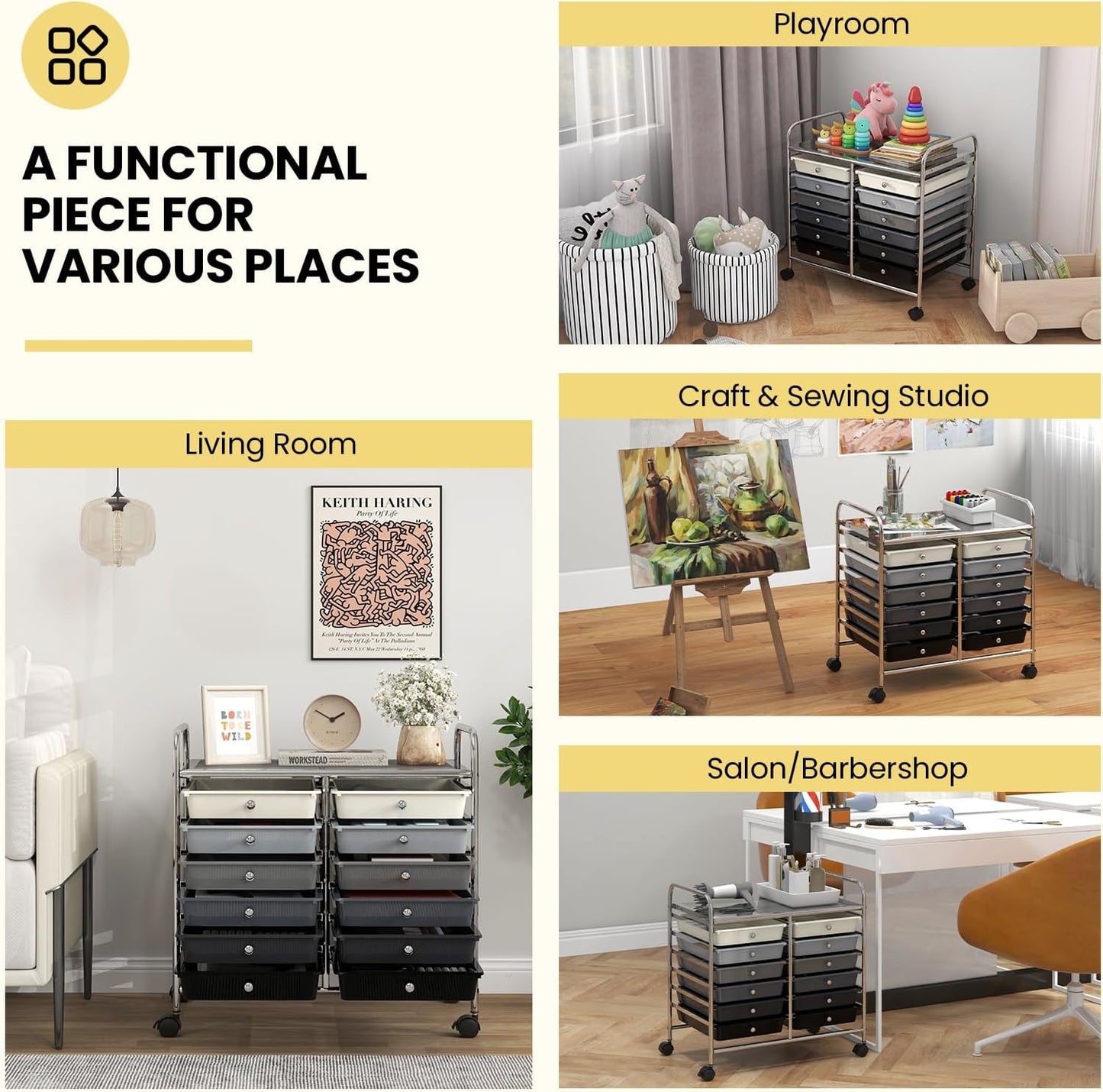10-Drawer Rolling Storage Cart, Utility Mobile Trolley | Removable Drawers & Universal Casters & 2 Brakes, Versatile Flexible Drawer Organizer Cart for Home, Office (Yellow)