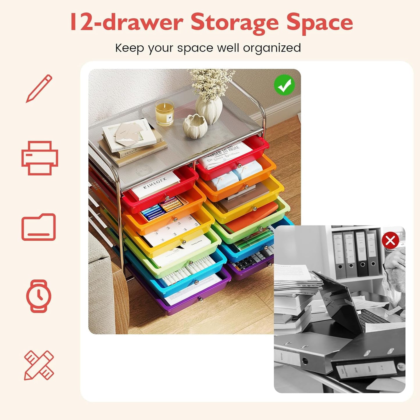10-Drawer Rolling Storage Cart, Utility Mobile Trolley | Removable Drawers & Universal Casters & 2 Brakes, Versatile Flexible Drawer Organizer Cart for Home, Office (Yellow)
