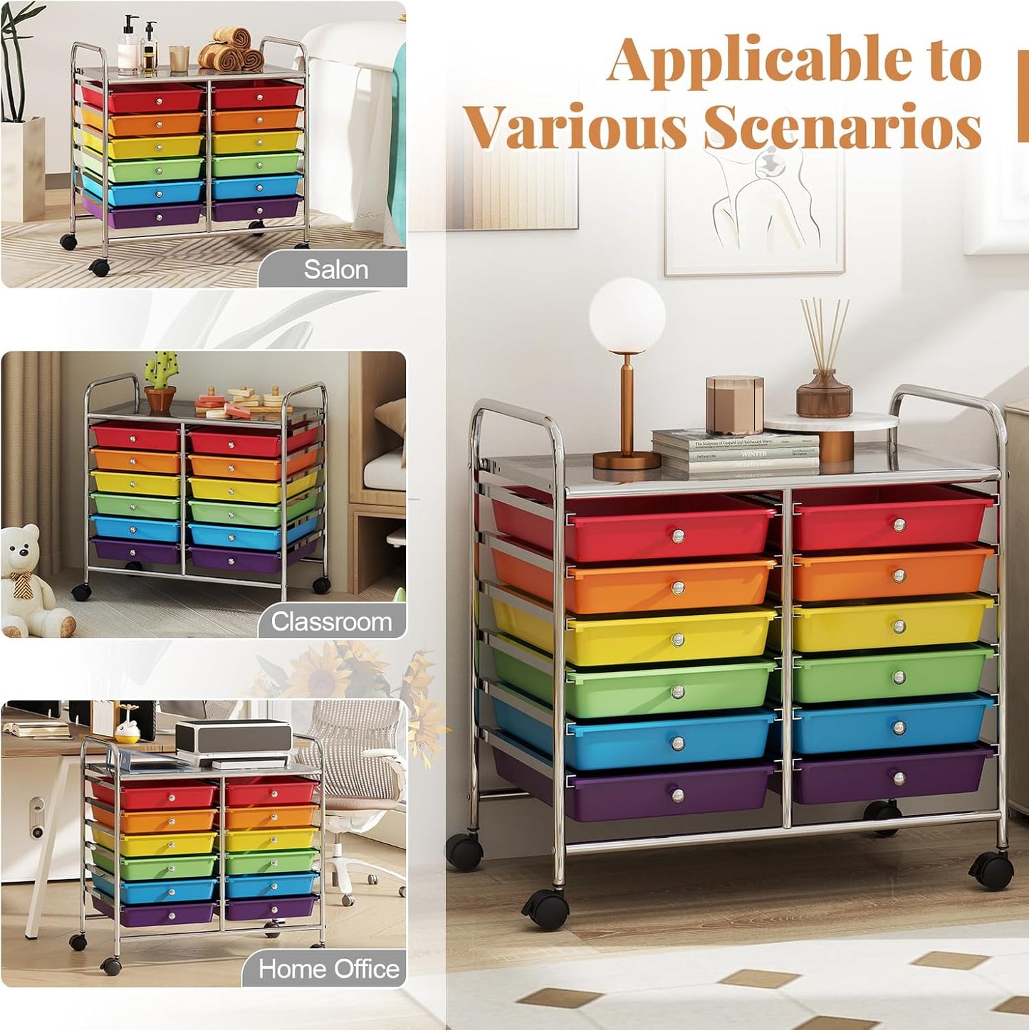 10-Drawer Rolling Storage Cart, Utility Mobile Trolley | Removable Drawers & Universal Casters & 2 Brakes, Versatile Flexible Drawer Organizer Cart for Home, Office (Yellow)