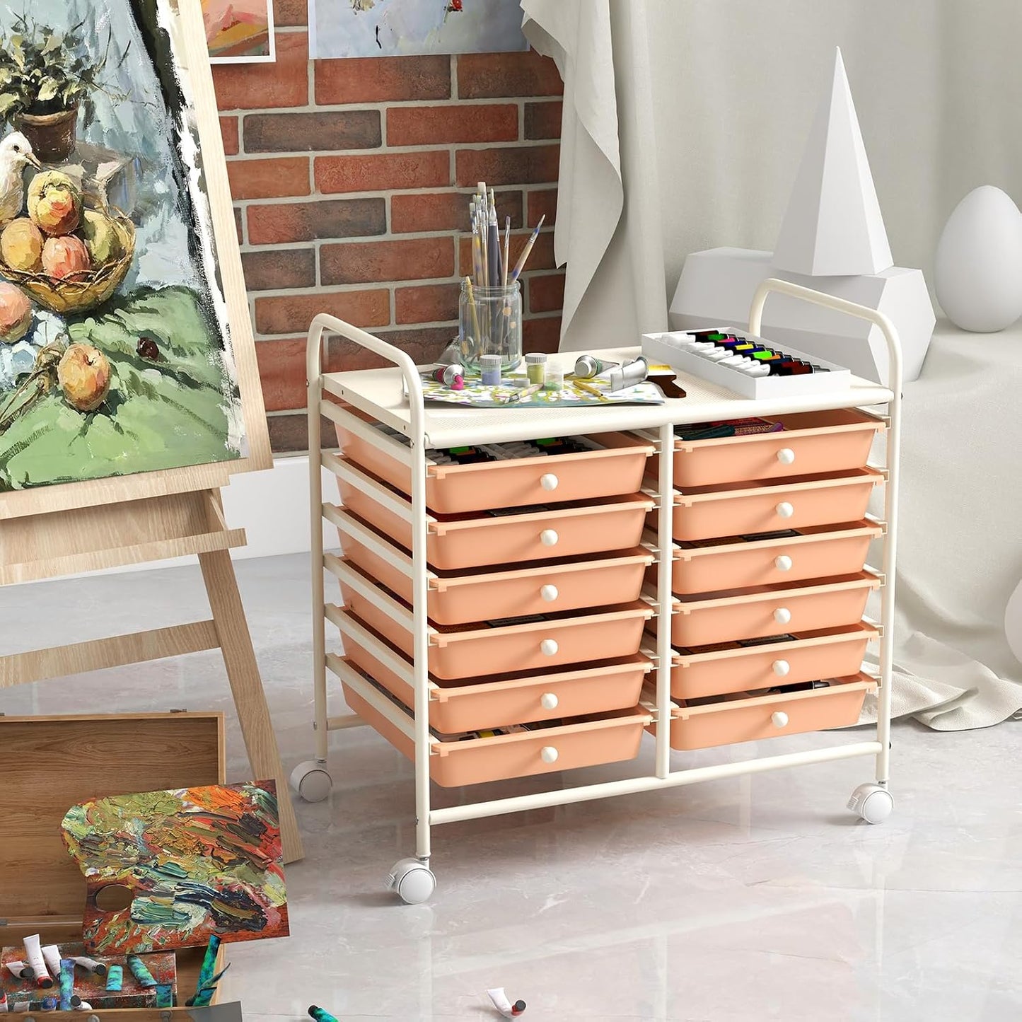 10-Drawer Rolling Storage Cart, Utility Mobile Trolley | Removable Drawers & Universal Casters & 2 Brakes, Versatile Flexible Drawer Organizer Cart for Home, Office (Yellow)