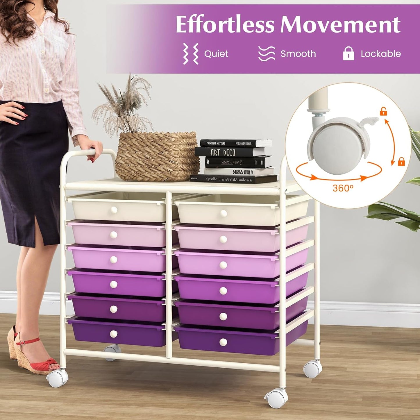 10-Drawer Rolling Storage Cart, Utility Mobile Trolley | Removable Drawers & Universal Casters & 2 Brakes, Versatile Flexible Drawer Organizer Cart for Home, Office (Yellow)